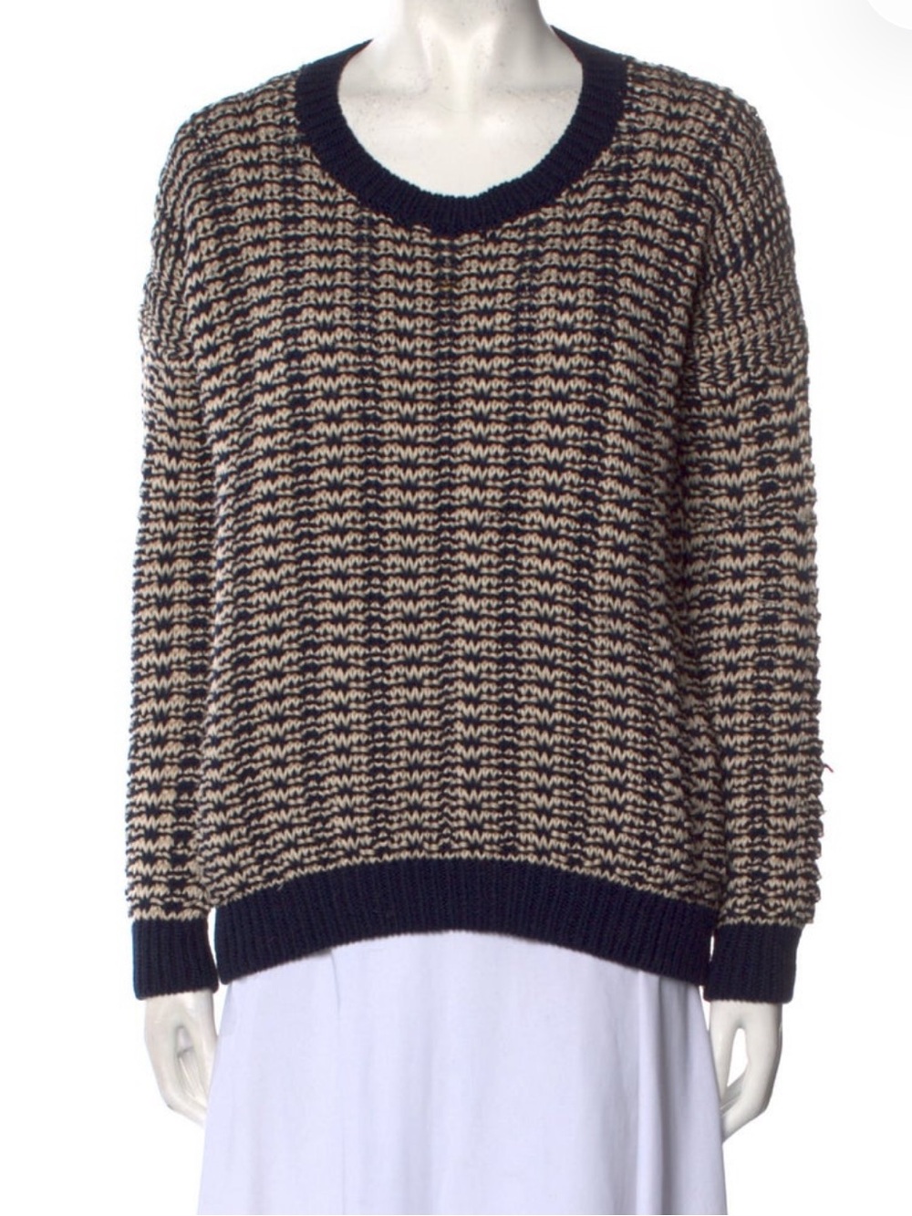 Vince Navy and Cream Striped Scoop-Neck Knit Sweater